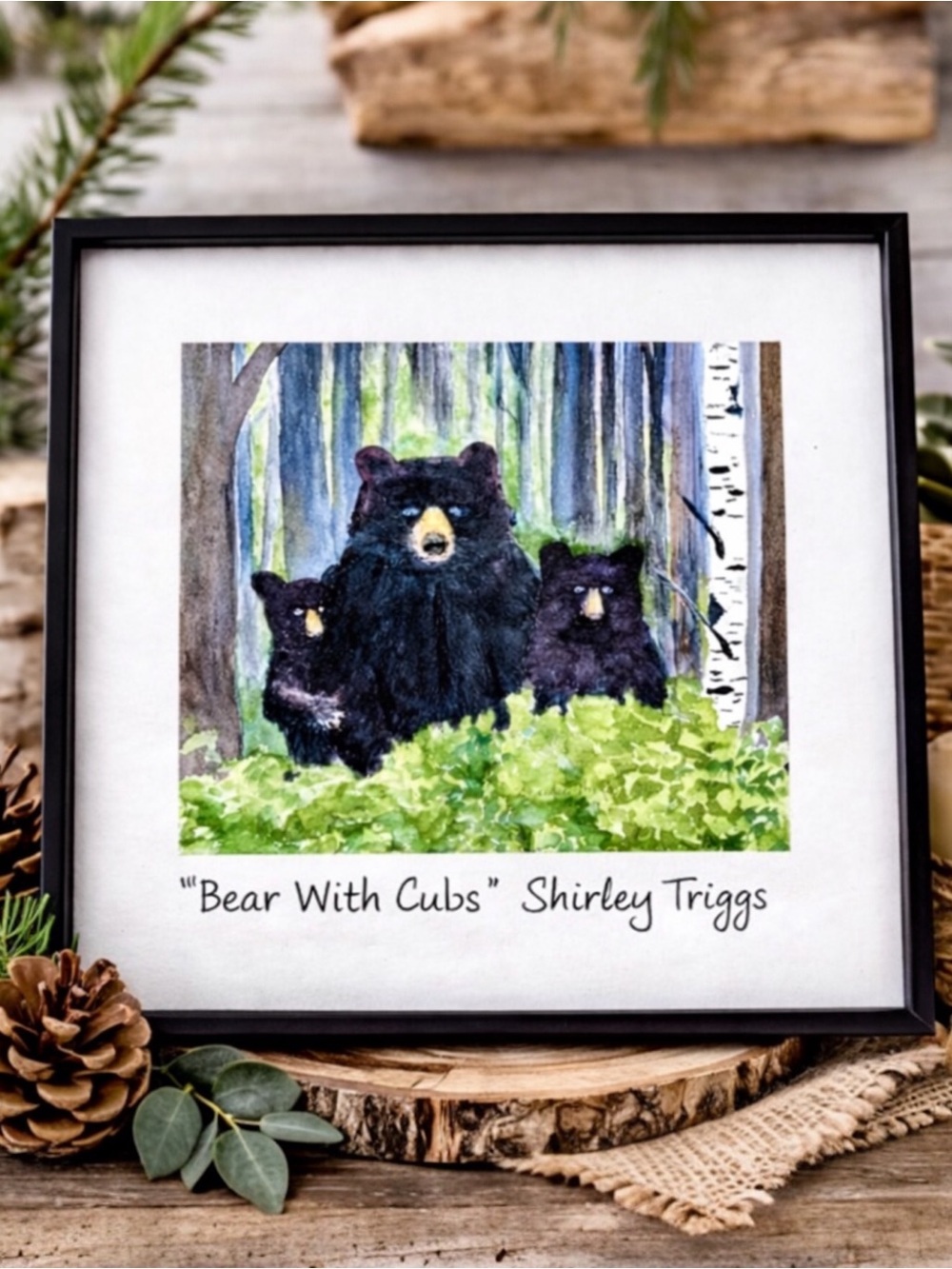 Shirley Triggs Black Bear Cubs Framed Watercolor Print Rustic Cabin Lodge Decor